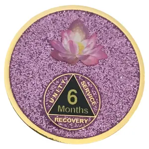 Flowering Lotus Pink Or Purple Glitter Alcohol Sobriety Medallion, Chip, Token, Coin