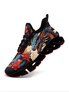 Men's Dragon & Floral Print Lace Up Low Top Sneakers, Casual Comfortable Breathable Sports Running Shoes, Gym Training Sport Walking Shoes