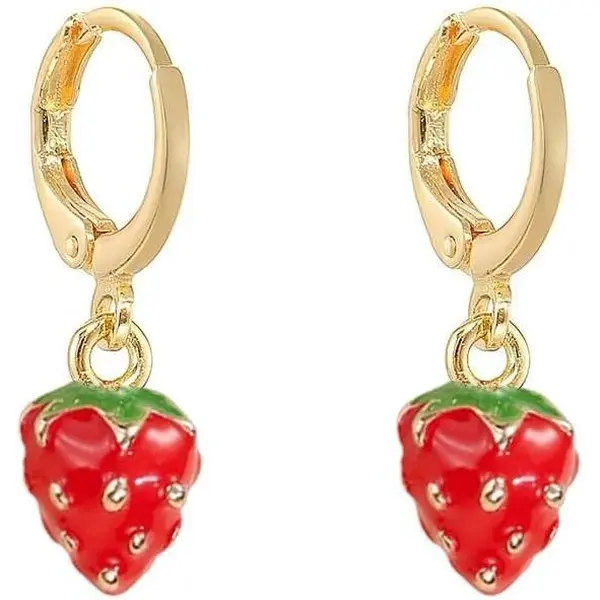Women's Lightweight Strawberry Dangle Earrings - Small Red Enamel Huggie Hoops, Hypoallergenic Metal Copper Costume Jewelry, 0.8cm Inner Diameter, 2.75*1.1cm, Gift for Thanksgiving, Valentine, Work, Wedding, Beach-Ready Everyday Accessory