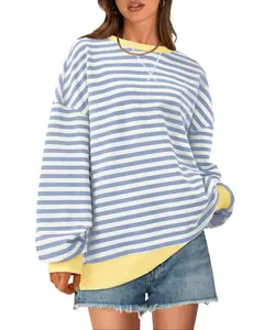 BTFBM Women's Striped Hoodie Sweatshirt with Long Lantern Sleeves - Womenswear