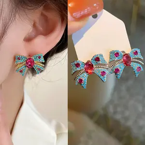 Pair of Boho Chic Bowknot Stud Earrings with Sparkling Artificial Crystals, Blue & Red Inlaid Stones - Lightweight Everyday Jewelry Gift for Women, Cute Earrings, Gift Accessory, Cute Accessory, Intricate Detailing, Artificial Crystal Studs