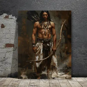 2D canvas painting with wooden frame, depicting an ancient American man holding a bow, historical wall art, Native American warrior art, suitable for art enthusiasts, for living room, bedroom, and home wall decoration, 11.8inch X 15.7inch, 2D canvas, perf
