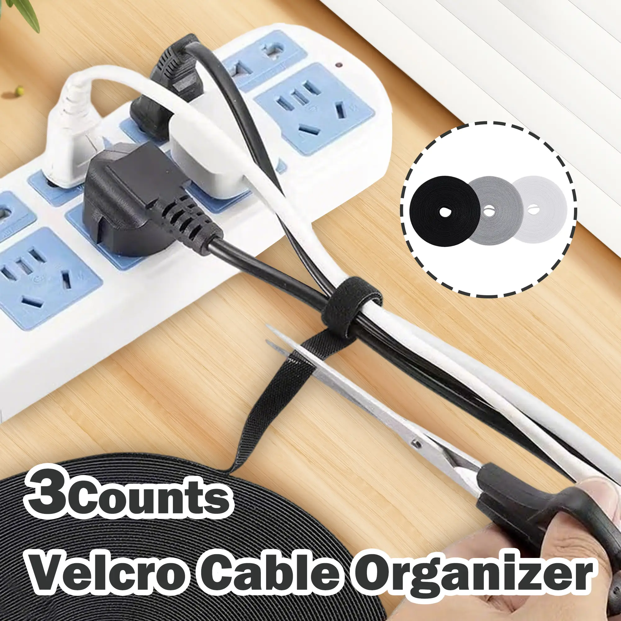 3 Counts Reusable Fastening Tape Cable Ties, Grey&Black&White Double-Sided Organizer