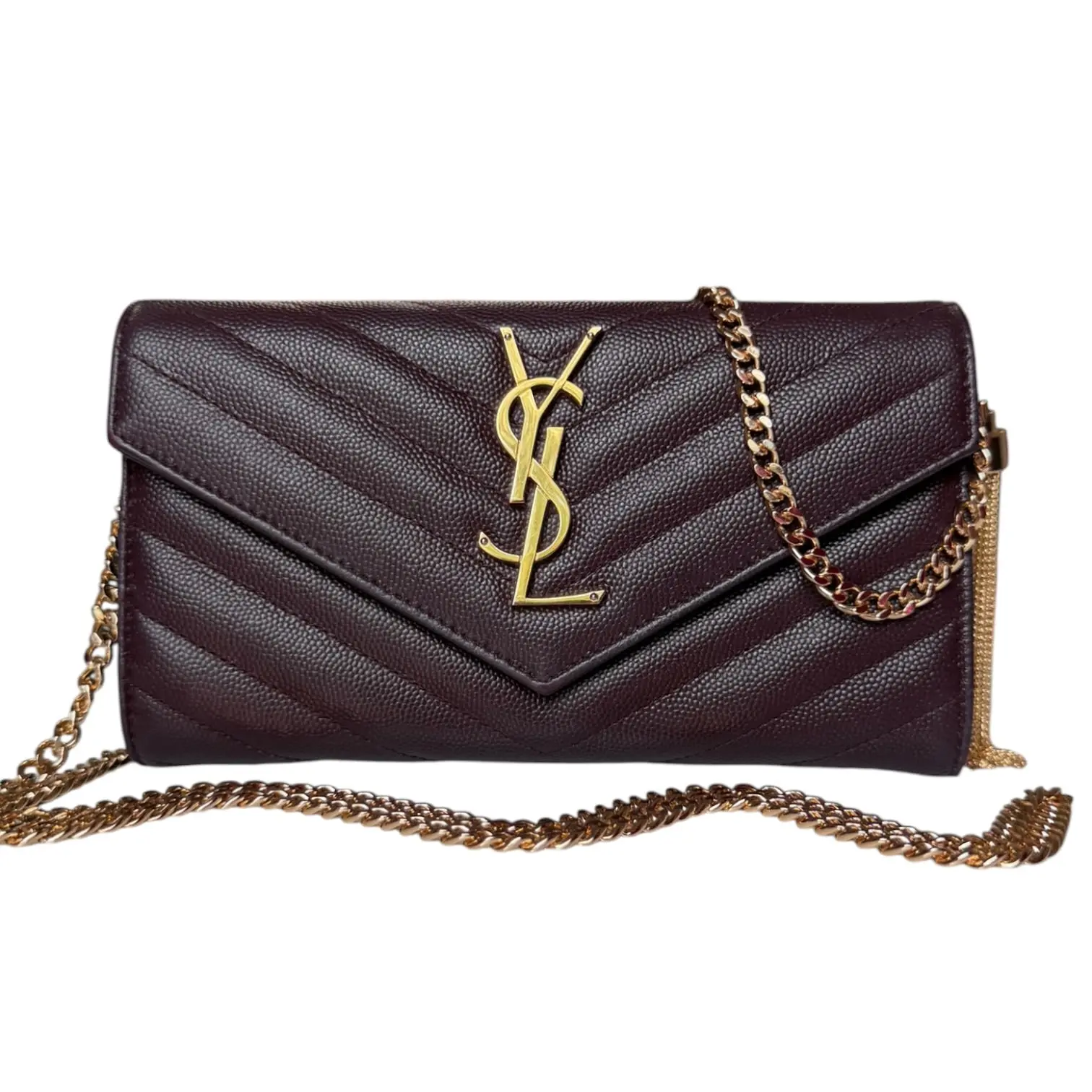 Pre-owned Yves Saint Laurent Leather Crossbody Bags SAINT LAURENT Brown Grain de Poudre Chevron Cassandra YSL Clutch with Chain