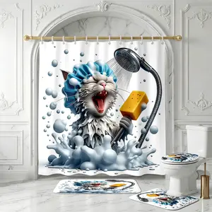 4Pcs Shower Curtain Set Bathing Cat, Showerhead, Sponge, Bathroom Sets with Rugs, Winter Festive, Bathroom Decor, funny shower curtains, Playful Bathing Cat With Showerhead And Sponge For Cozy Wintertime Bathroom Vibe