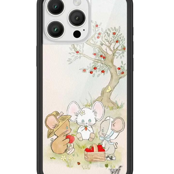 Mice Friends | Limited Edition Trendy iPhone Case | Raised Protective Black Bumper | Women Owned Small Business | Pastel Background Cute Apple Tree Brown Grey White Mice Cute Apple Basket | Safety Casing Protective | Gift for Her