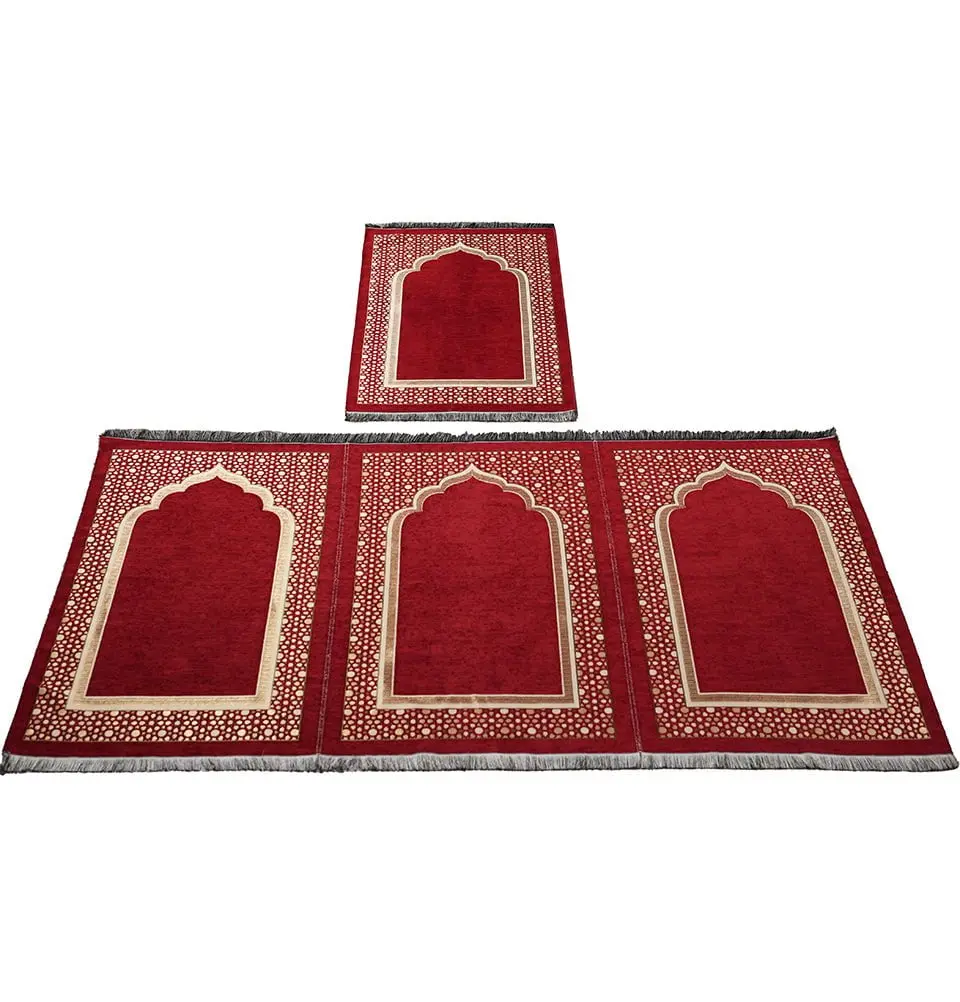 Wide 3 Person with Imam Spot Masjid Islamic Prayer Rug - Chenille Embroidered Selcuk Star - Red