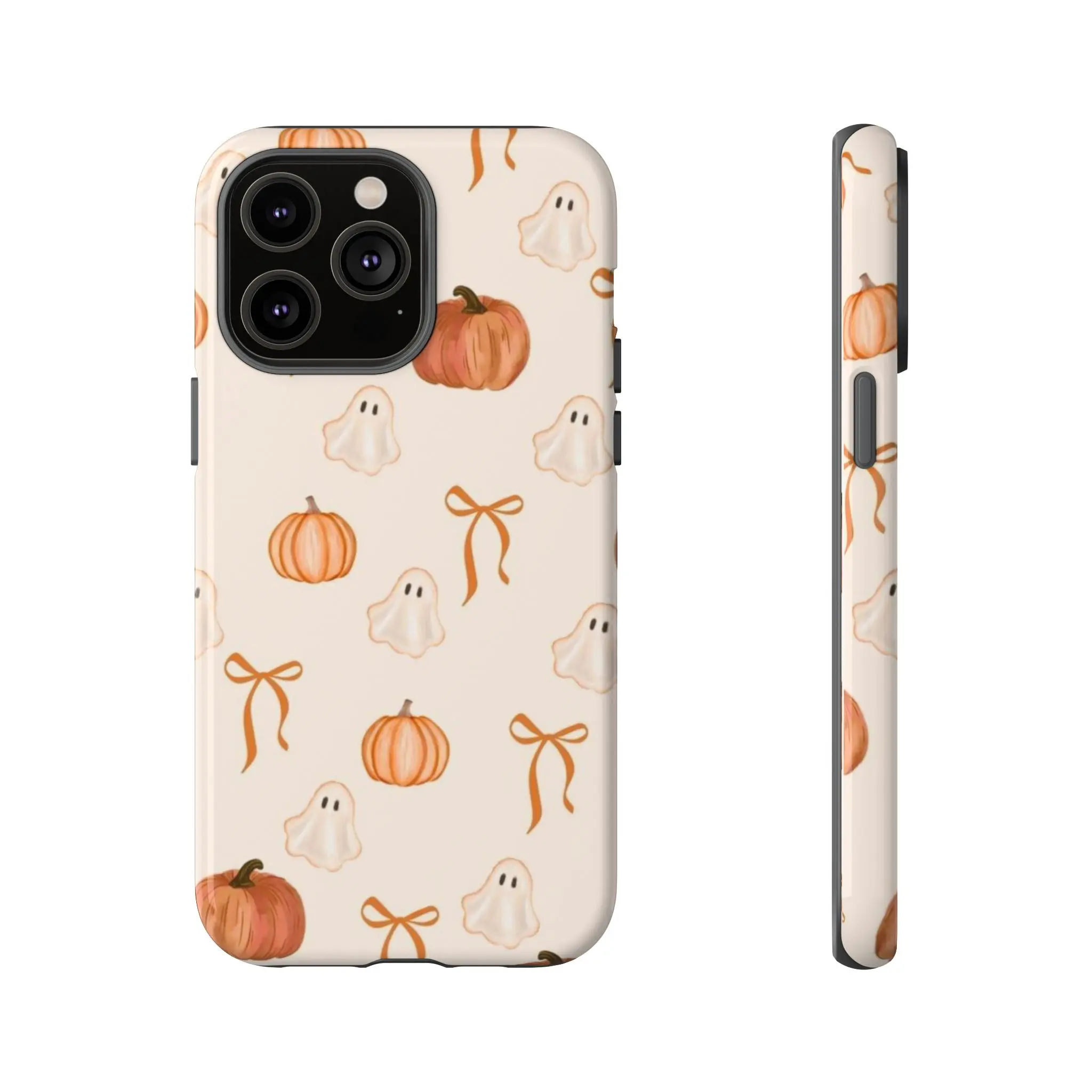 Cute Halloween Phone Case, Ghost Pumpkin Bow Pattern, Beige Fall Aesthetic iPhone Case, Coquette Style Gift for Her