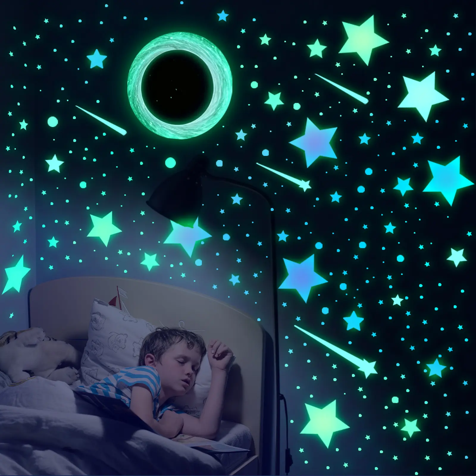 2D flat, a set of 4 pieces (20*30cm*4pcs) luminous Glow in the Dark star and planet decorative self-adhesive Wall Stickers for living room, hallway, bathroom and bedroom beautification
