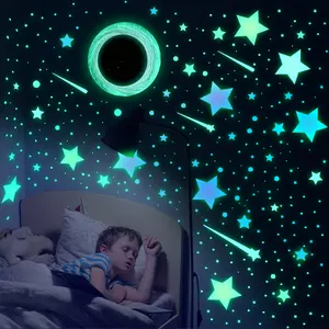 2D flat, a set of 4 pieces (20*30cm*4pcs) luminous Glow in the Dark star and planet decorative self-adhesive Wall Stickers for living room, hallway, bathroom and bedroom beautification