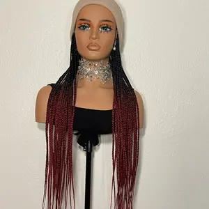 Cream Beanie braided wig ,maroon any black braids, Wear and go,saves bad hair day