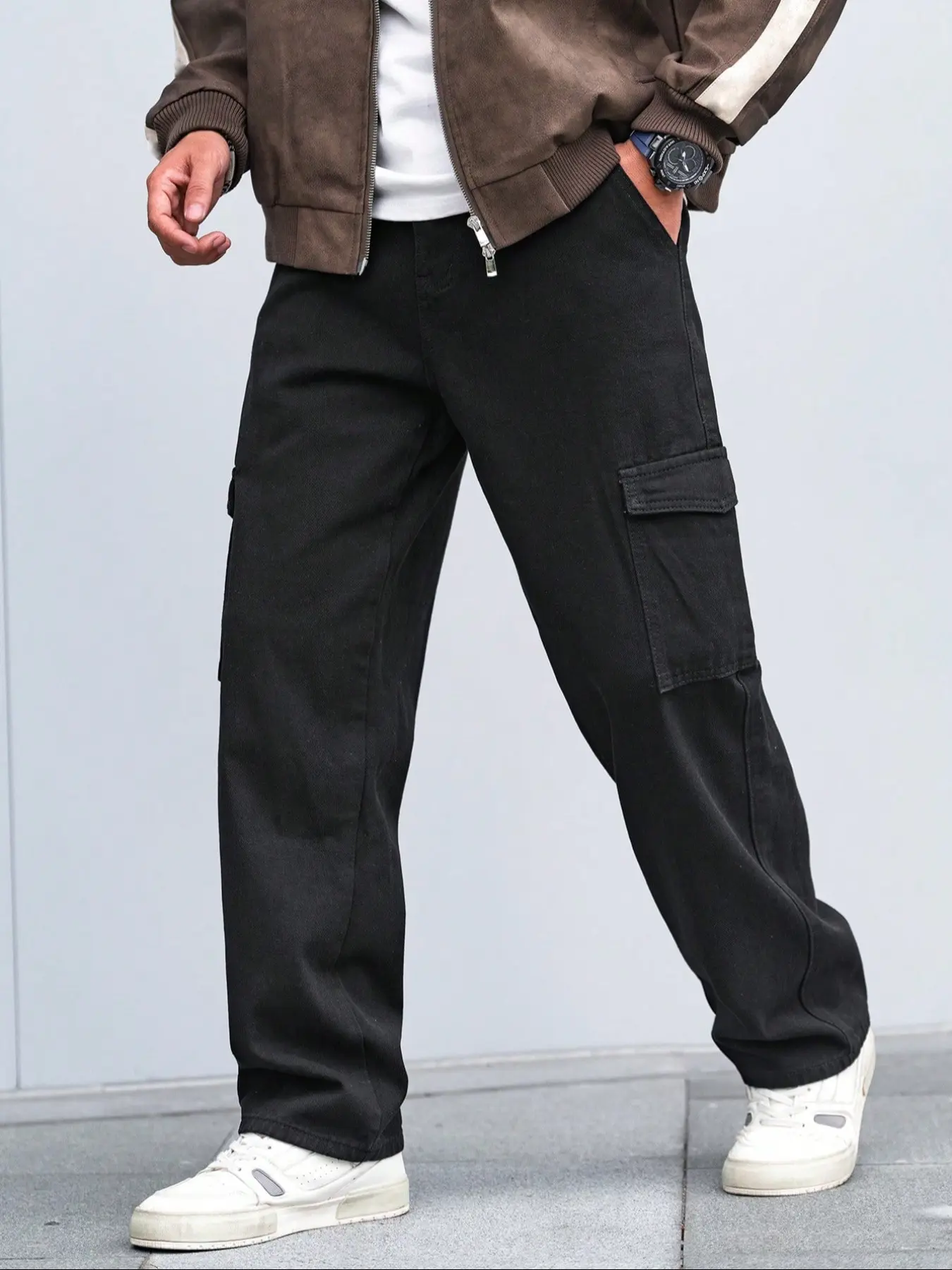 Men's Solid Color Casual Loose Pocketed Denim Jeans, Multi-Pocket Flap Button Design, All-Season Relaxed Fit Comfortable Fit, Versatile Lifestyle Pants Cargo Denim Trousers Pockets Jeans