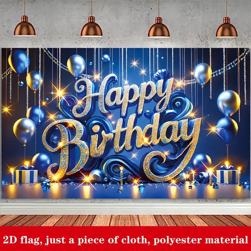 Blue 1pc Birthday Banner - 2D Polyester Party Decoration with "Happy Birthday" Text, Balloons, Gift Boxes & Sparkling Stars for Family Celebrations, 70.8in x 43.3in, Golden, Birthday Party Decorations Ornaments