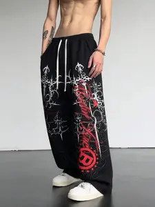 Unisex Thorn Cross Graphic Letter Print Wide Leg Pants, Gothic Street Style Loose Drawstring Long Trousers, Couple Fall Winter Fashion