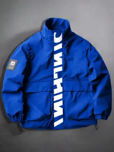 Tiktok High Street Stand Collar Workwear Jacket, Side Large Letter Print, Loose Oversized Outerwear, Casual Style, Unisex