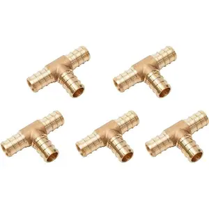 VENTRAL 1/2 x 1/2 x 1/2 Inch PEX Barbed Tee Connector Fitting Crimp Brass for PEX Pipe Tubing, No Lead 5 in Pack
