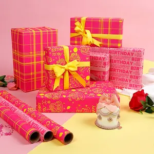 Hot Pink Y2K Aesthetic Wrapping Paper, Cute Cake / Plaid / Happy Birthday Text Pattern Gift Wrap, Barbiecore Pink Party Supplies, 17x118 Inch per Roll