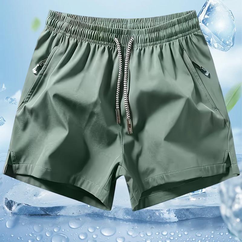 Men’s solid-color minimalist drawstring  with zippered pockets; men’s   -waist pocket shorts;  summer men’s sports bottoms; everyday wear, suitable for spring and summer. Quick-Dry Elastic Athletic Shorts Set Casual Breathable