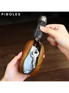 Portable Leather Men's Key Wallet Retro Genuine Leather Smart Key Holder Pouch Small Housekeeper Keys Slot Organizer Bag Women Zipper Leather Wallet