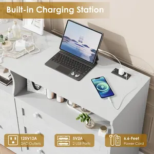 Garvee White Wooden Dresser with 6 Drawers, Large Changing Table with Power Outlet and LED Lights, 55-Inch Wide Modern Wooden Changing Table with Multiple Drawers for Bedroom
