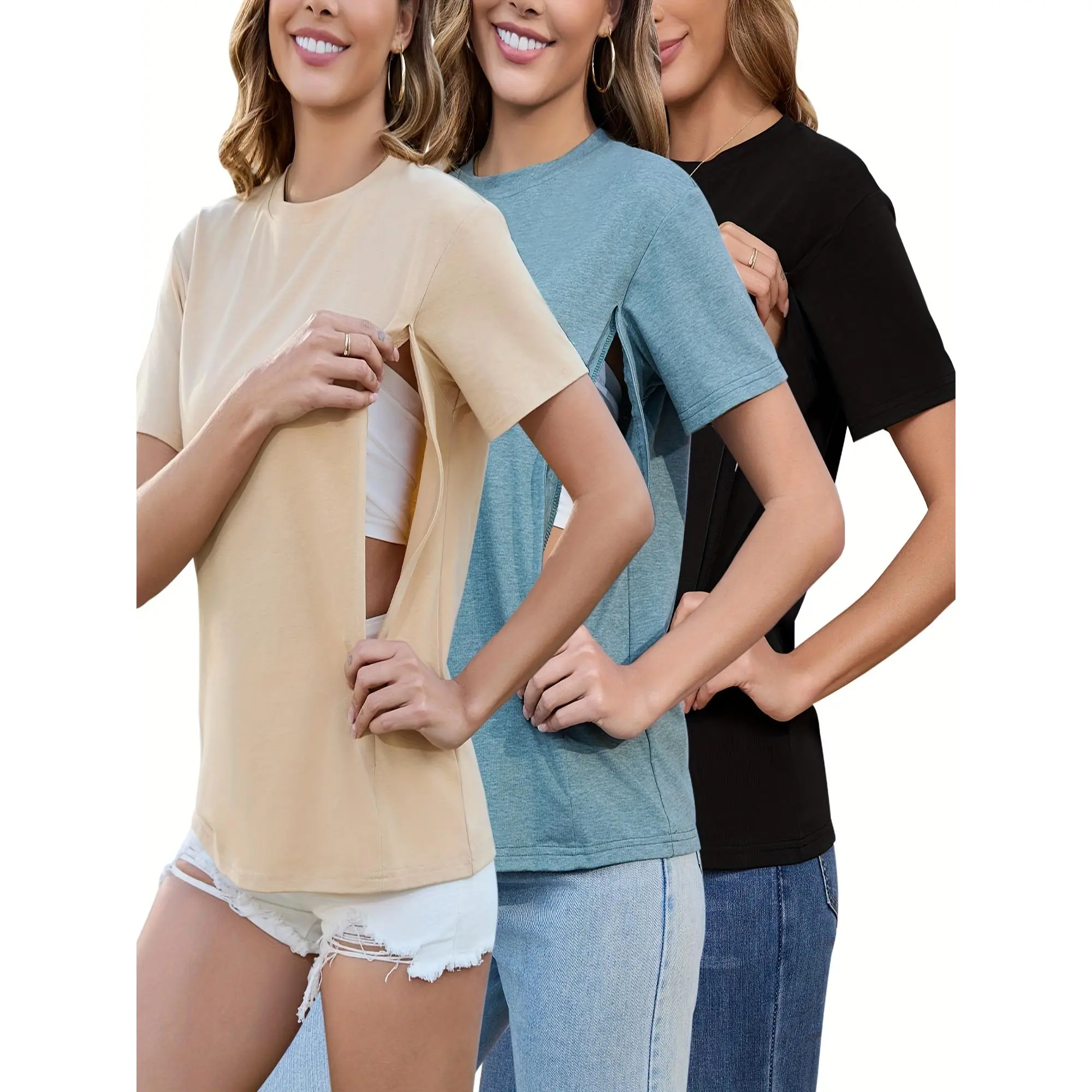 Women'S 3-Pack Nursing Shirts For Breastfeeding With Hidden Zippers Loose Fit Maternity Tops