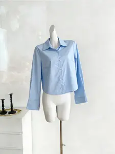 Short Waist Straight Shoulder Shirt for Women, Korean Style Slim Fit Long Sleeve Blouse, Versatile Multicolor Office Wear