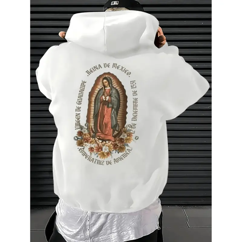 Men s Virgin of Guadalupe Print Hoodie Casual Loose Fit All season Religious Sweatshirt with Pocket