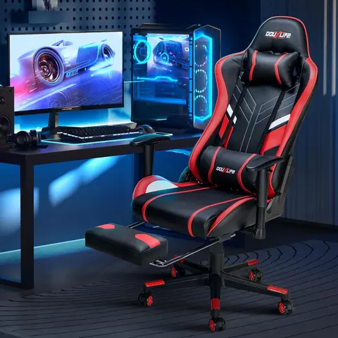 Douxlife Adjustable Gaming Chair - 7 Massage Points, 175° Deep Rest Recline, Footrest, Ergonomic High Back Lumbar Support, Cushion Included, Assembly Required, Modern Office Furniture for Adults, Teens, Gamer Room PC Setup