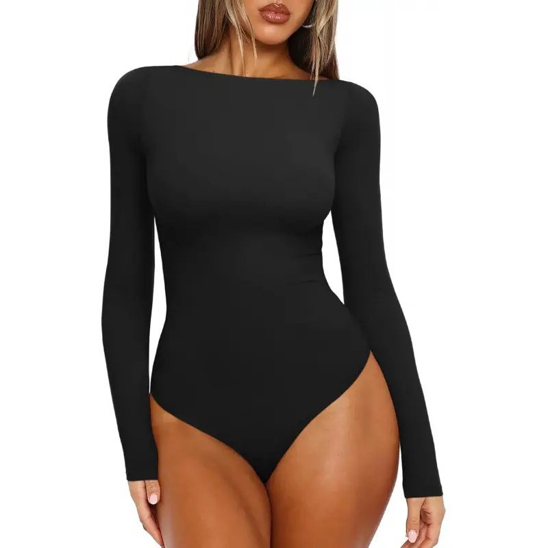 Women's Minimalist Classic Boat Neck Long Sleeve Bodysuit - Lightweight Snap-Closure Basic Top for Business, Going Out 2025, Daily