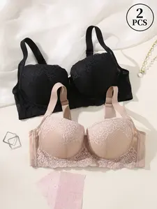 2PCS Women's Plus Size Everyday Lace Push-Up Bra, Full Coverage Minimizer Bra，Adjustable Wide StrapsWide Side Wings,slimming and anti-sagging， Underwire Support, Soft Comfortable Elegant Breathable