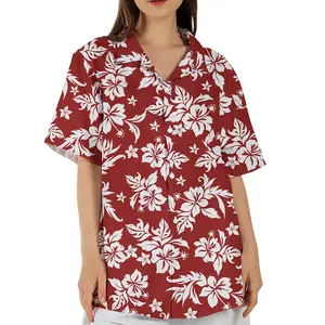 Tropical Red Flower Button Down Shirt, Tropical Hawaiian Shirt for Women, Women's Summer Boho Short Sleeve Shirt