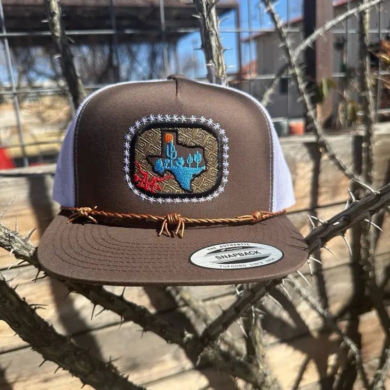 Marfa Hat Company Texas Buckle Hat in Brown with Logo, Adjustable Snapback Closure, and Cordialettes