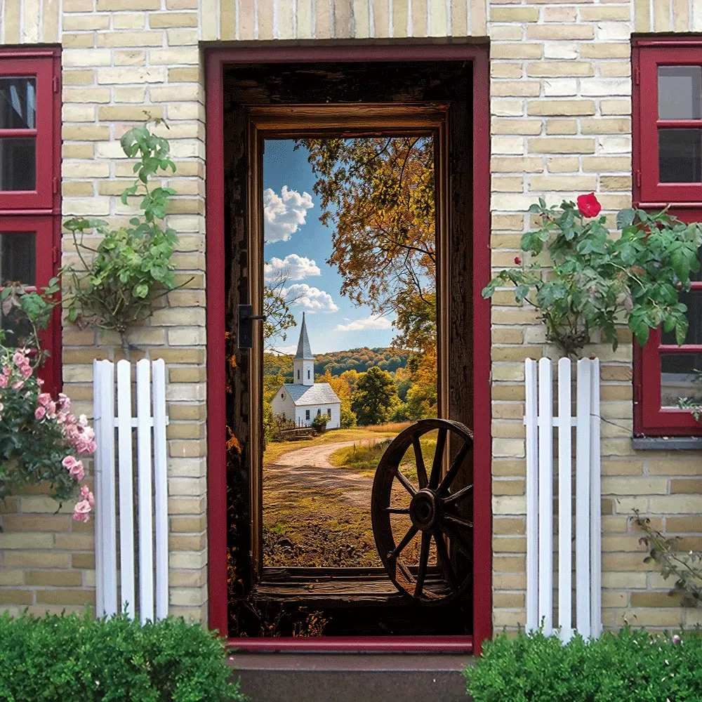 2pcs Vintage Country Church Scenery Wall Sticker Nostalgic Wooden Window Frame Decorative Sticker Self Adhesive Mural for Living Room Bedroom American Rural Style Home Wall Decoration Art