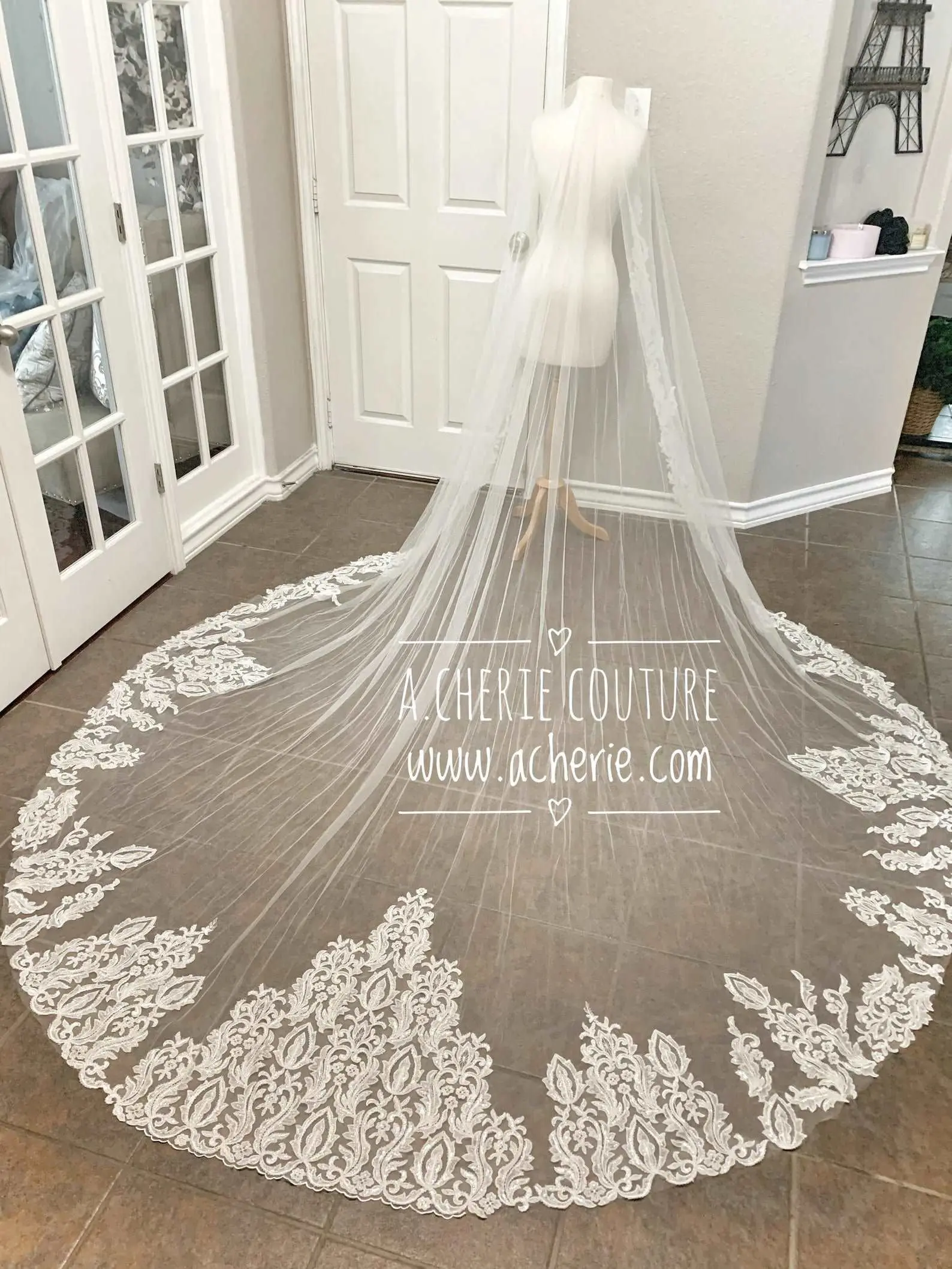 Bridal Veil for Weddings - Heavily Beaded Cathedral Style with Sequin Scroll Lace Appliqué, Tulle Fabric Hair Accessory with Comb, Made-to-Order CV04, Made-To-Order Style