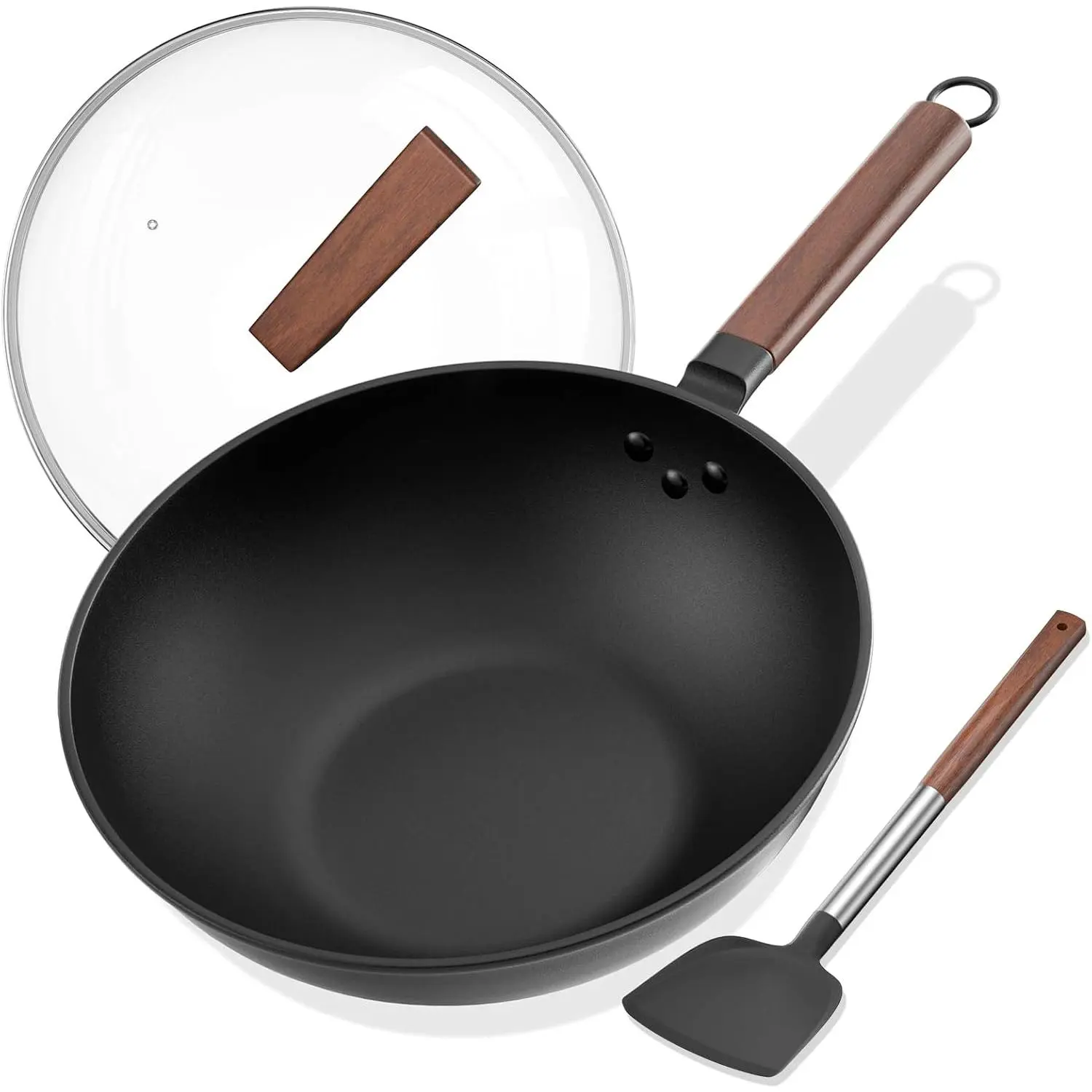 13in Unseasoned Carbon Steel Stir-Frying Pan Set - Glass Lid, Silicone Spatula Included, Compatible with Induction, Electric, Gas Stoves, Glasssee Steel Top Wok