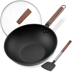 Carbon Steel Frying Pan - Includes Glass Lid and Silicone Spatula, 13inch Frying Pan Suitable for Induction Cookers, Electric Stoves, and Gas Stoves