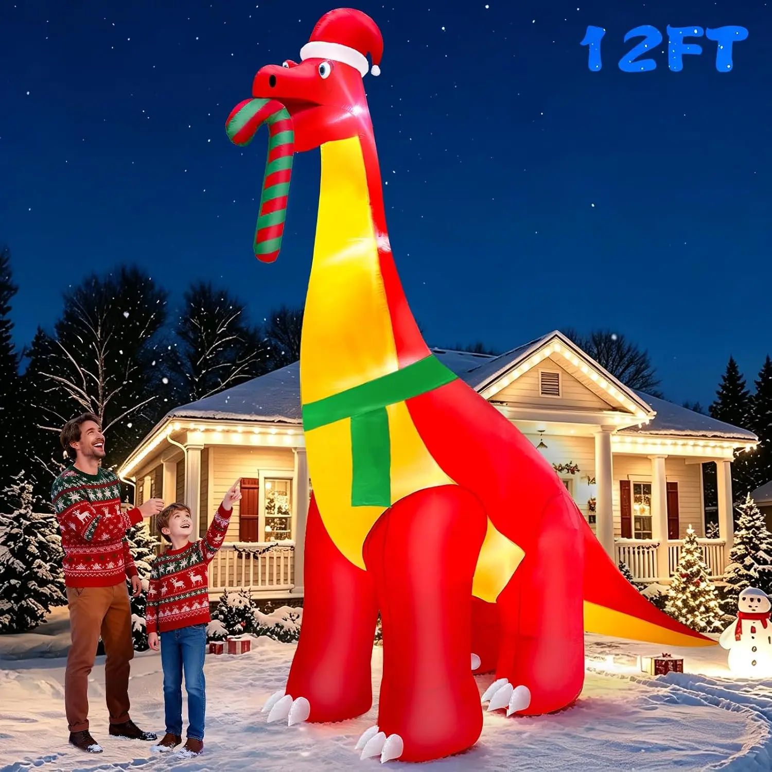 12 Ft Giant Christmas Inflatables Santa Dinosaur Outdoor Decorations Candy Cane Santa Hat, Built-in LED Blow Ups Huge Outdoor Christmas Decorations Yard Lawn Garden Xmas Party Holiday Decor