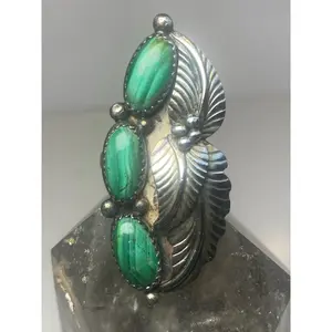 Long Malachite ring size 6.25 Navajo leaves sterling silver women
