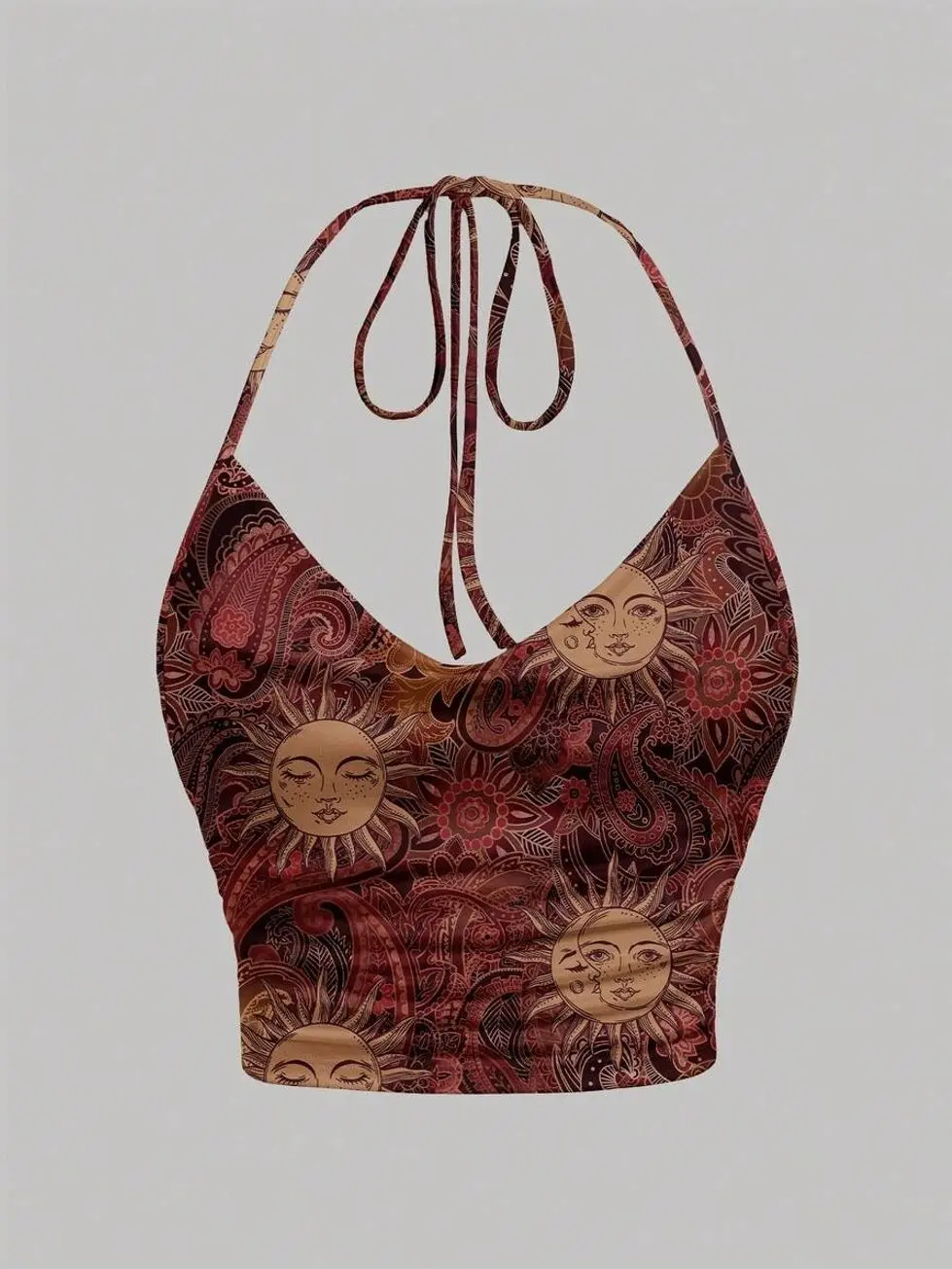 Women's Sunflower Print Draped Neck Top | Tie Detail Loose Fit Casual Sleeveless Blouse | Summer Vacation Beach Brunch Festival Boho Minimalist Going Out Top for Women
