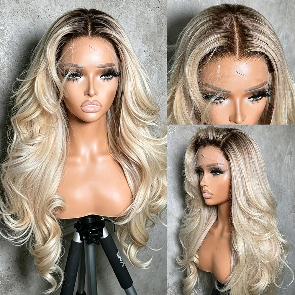 13x4 Transparent Lace Front Wig Ombre Brown Root Platinum Blonde Balayage Long Loose Wave Wig For Women Heat Resistant Synthetic Hair Natural Hairline Pre Plucked Cosplay Daily Wigs