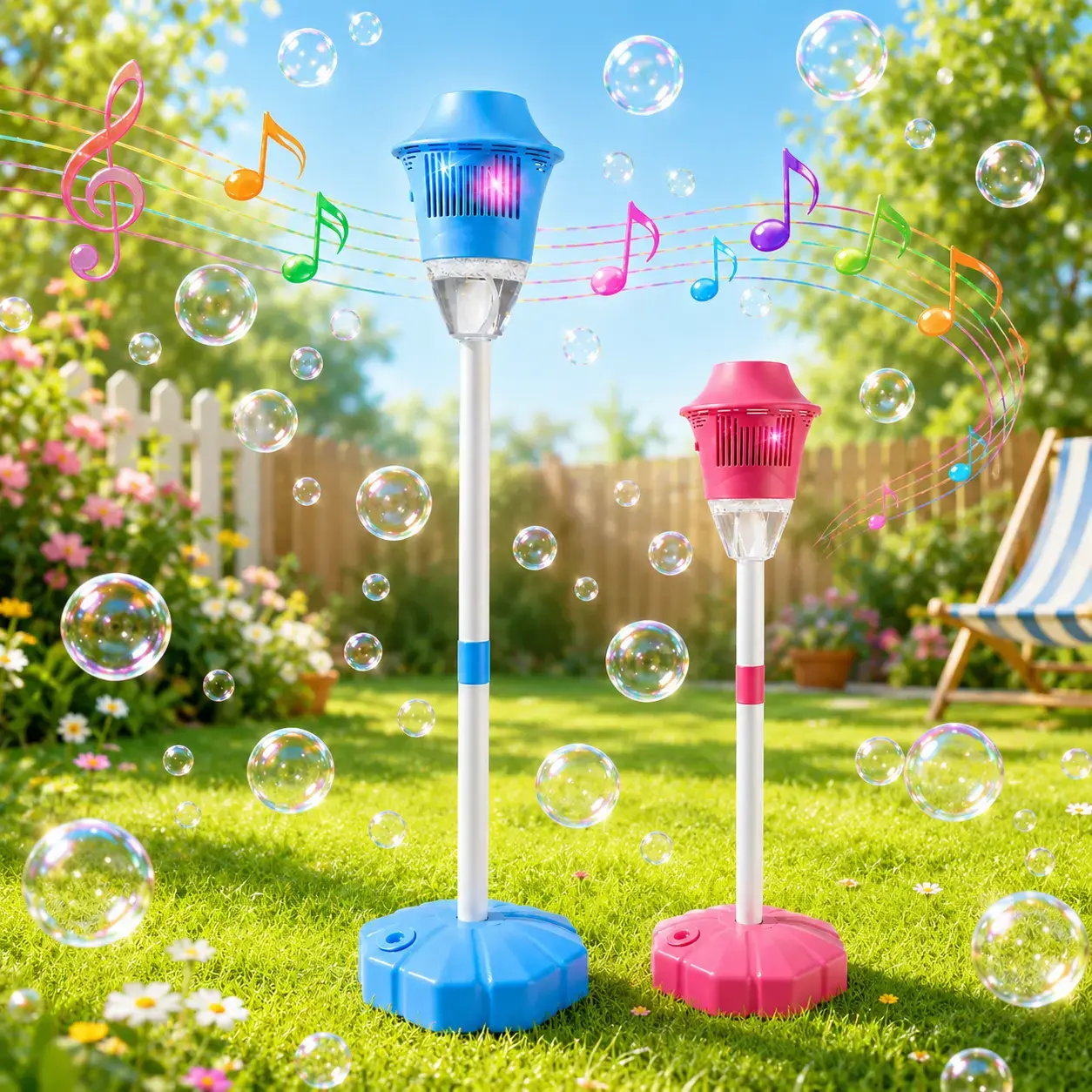 Bubble Machine Toy for Kids, Automatic Bubble Blower with Light Music, Adjustable Height Stand & Lawn Stake, Summer Party Bubble Toy Gift