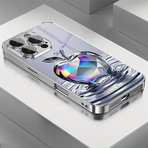 Luxurious Aurora Diamond Water Drop Apple Print Pattern Electroplated Phone Case with Lens Protection for iPhone 16 15 14 13 12 11 Pro Max Plus Pro/XS/XS Max Full Coverage Anti-Drop Tempered Glass TPU Protective Cover