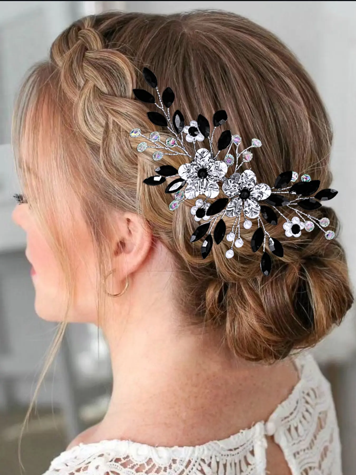 Black Flower Rhinestone Bridal Bridesmaid Headpiece Vintage Wedding Banquet Women