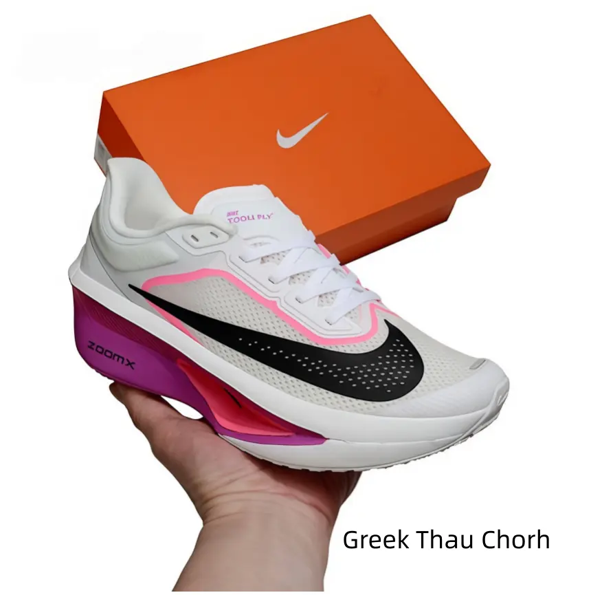 Cream mesh racing running shoes with pink & purple gradient layered cushion soles