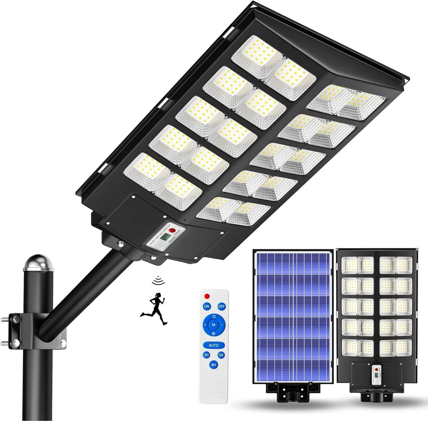 Solar Street Light, 4800 Lumens Dusk to Dawn LED Flood Lights Outdoor Motion Sensor, IP66 Waterproof Commercial Grade Solar Outdoor Lights with Remote Control for Parking Lot