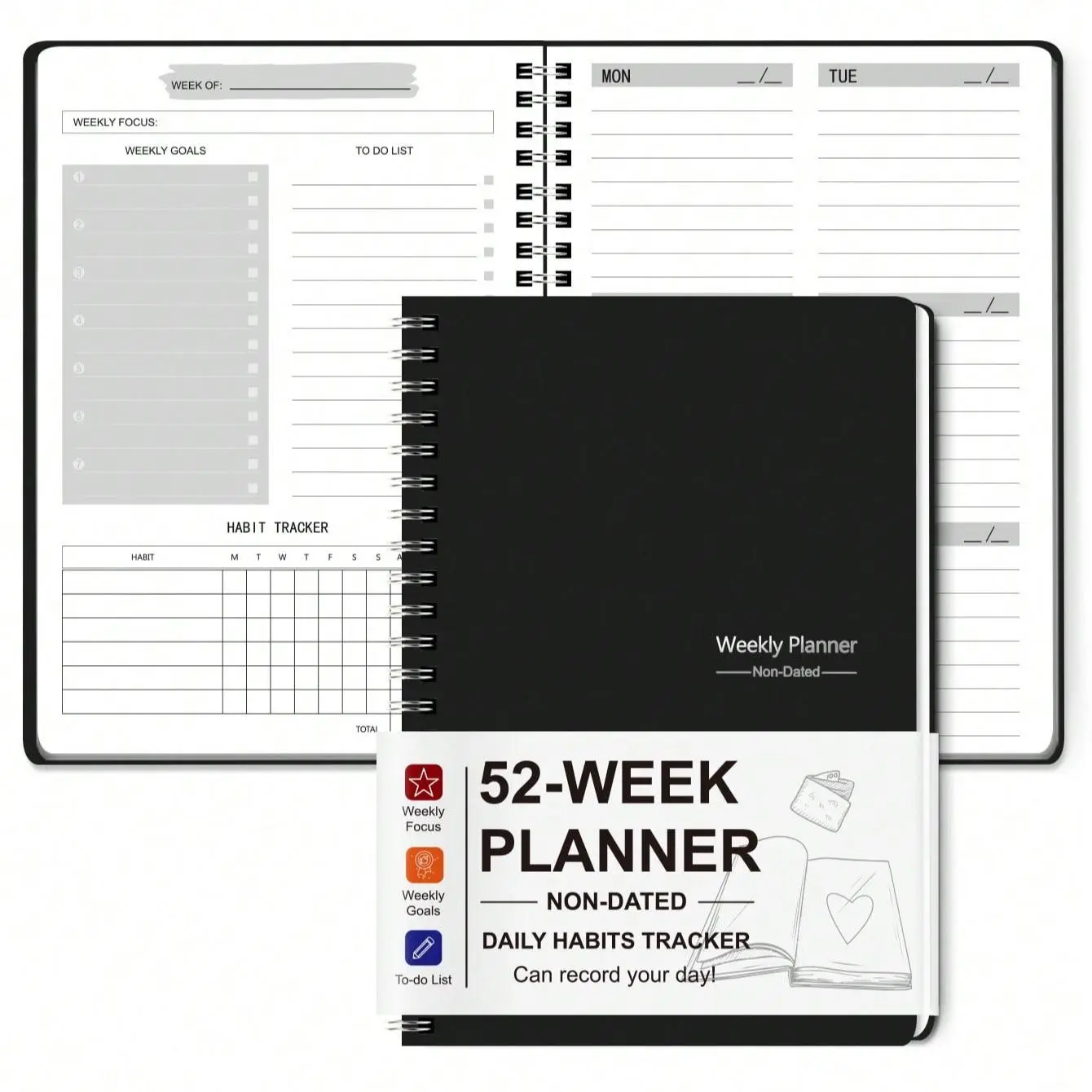 Daily Weekly Planner Notebook, 1 Count 52-week Planner, Undated Planner, Productivity Planner, Weekly Goals, Stationery Office School Supplies for Student Teacher Office Staff, Daily Habits Tracker