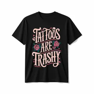 100% Cotton Cotton Unisex T-Shirt | Casual Round Neck, Geometric Pattern, "Tattoos Are Trashy" Slogan, Breathable Knit Fabric