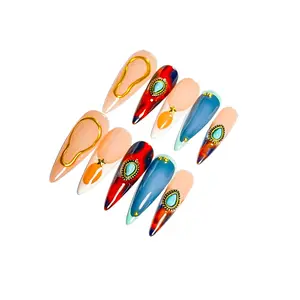 NailBee Bohemian Stiletto Press On Nails with Turquoise Gem & Gold Metal Line, Handmade Western Ethnic Fake Nails 10Pcs for Women