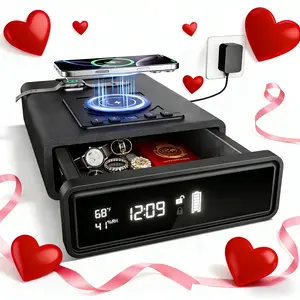 Strong Safety Box Biometric Smart Safe with Wireless Charging for Phone&Watch, 3 Quick Access Fingerprint Backlit Keypad - Compact Bedside Drawer Safe with LED Light, 24/7 Digital Clock Security Storage Box