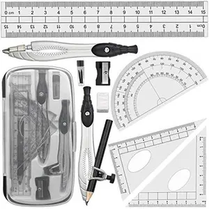 Professional Geometry Compass Set, Starter Compass Set Includes 2 Drafting Compasses, Protractor, 2 Set Squares, Ruler in Storage Box, -to-School Math Supplies for Students, Black